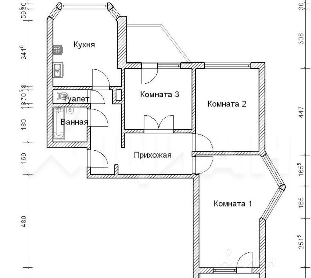 План квартиры с размерами 3х комнатных