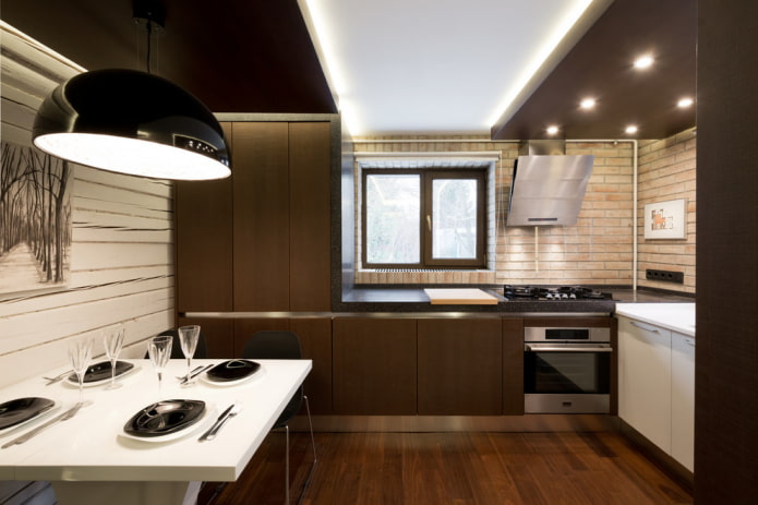 двухуровневая конструкция с подсветкой на кухне