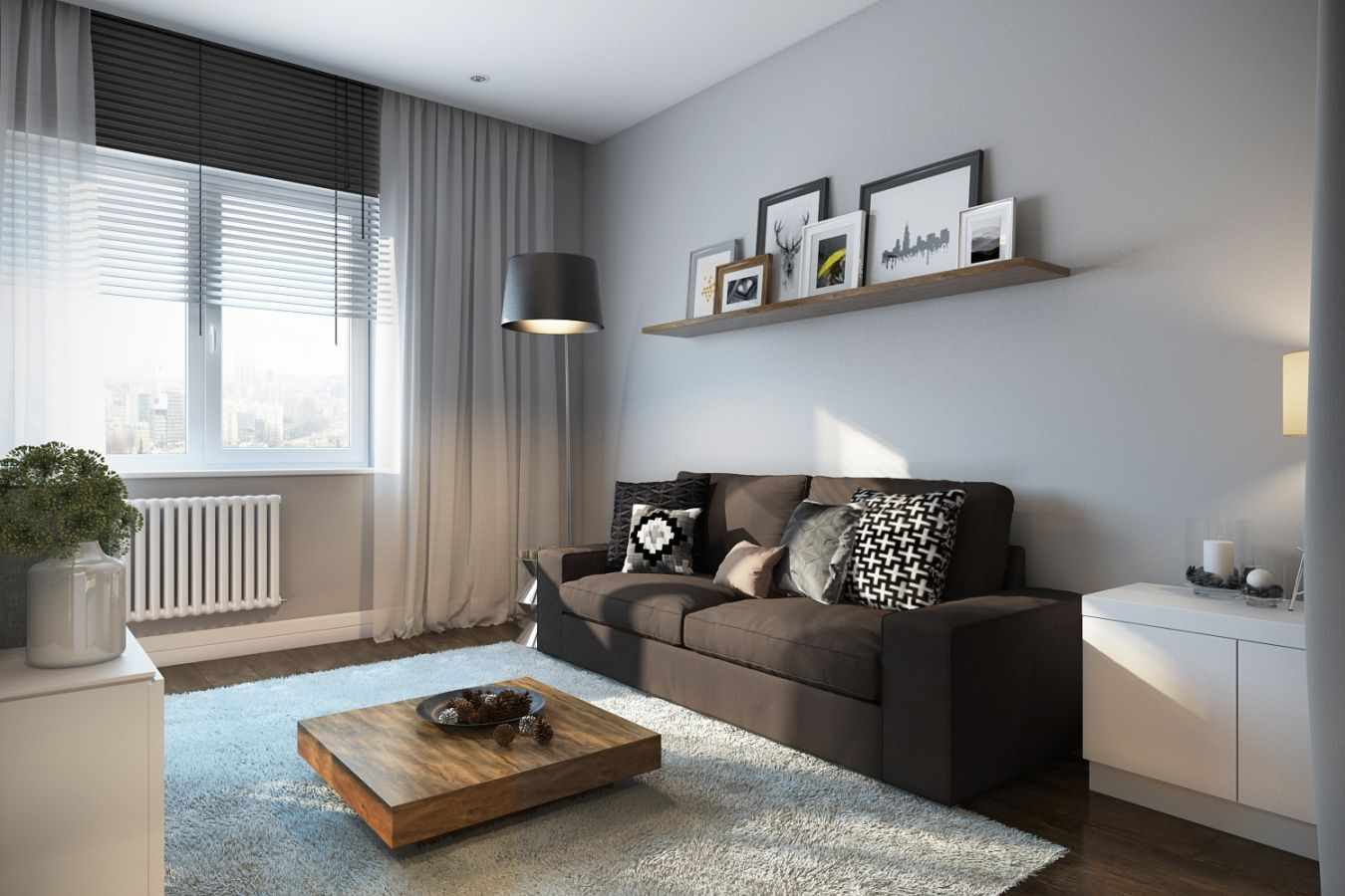 идея использования светлого интерьера гостиной комнаты в стиле минимализм