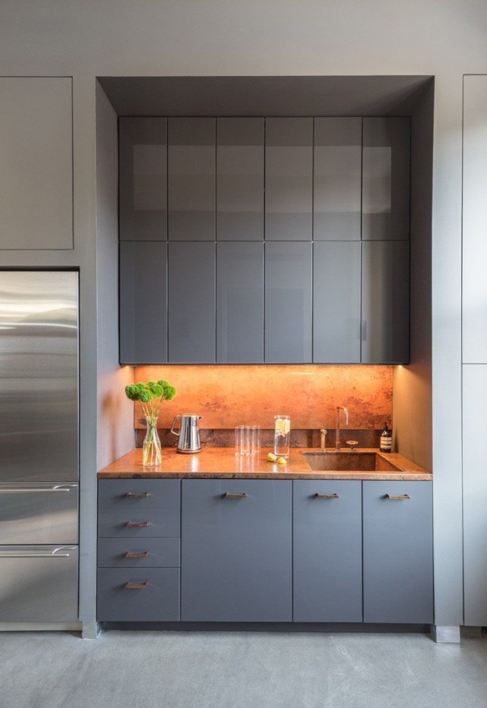 Серый мини гарнитур в кухне стиля модерн