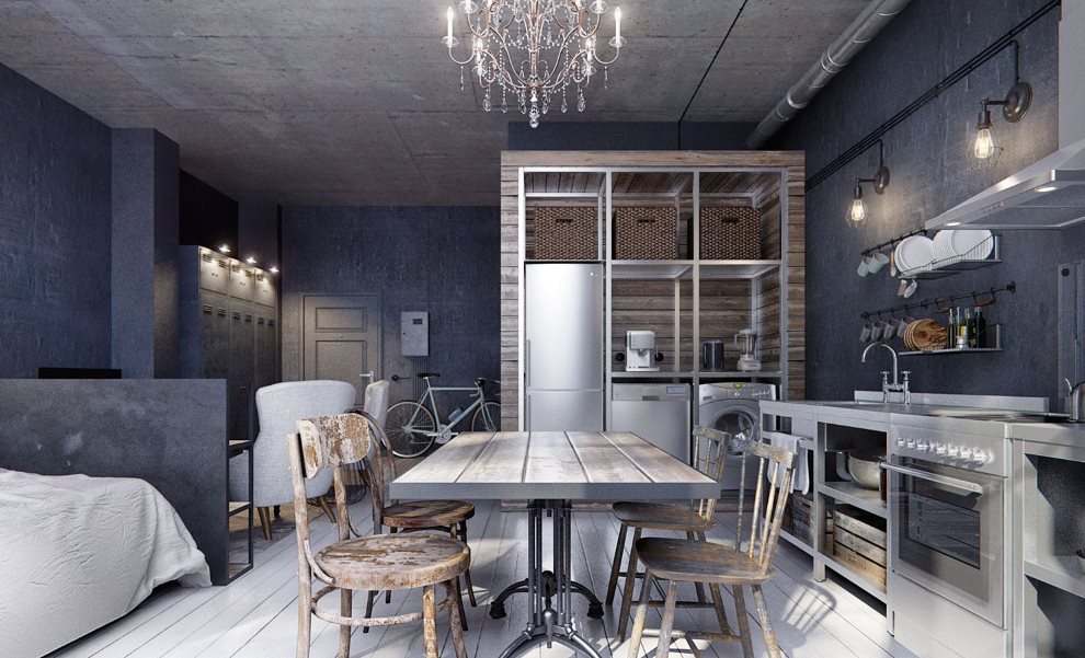 Темно-синие стены кухни-гостиной индустриального стиля