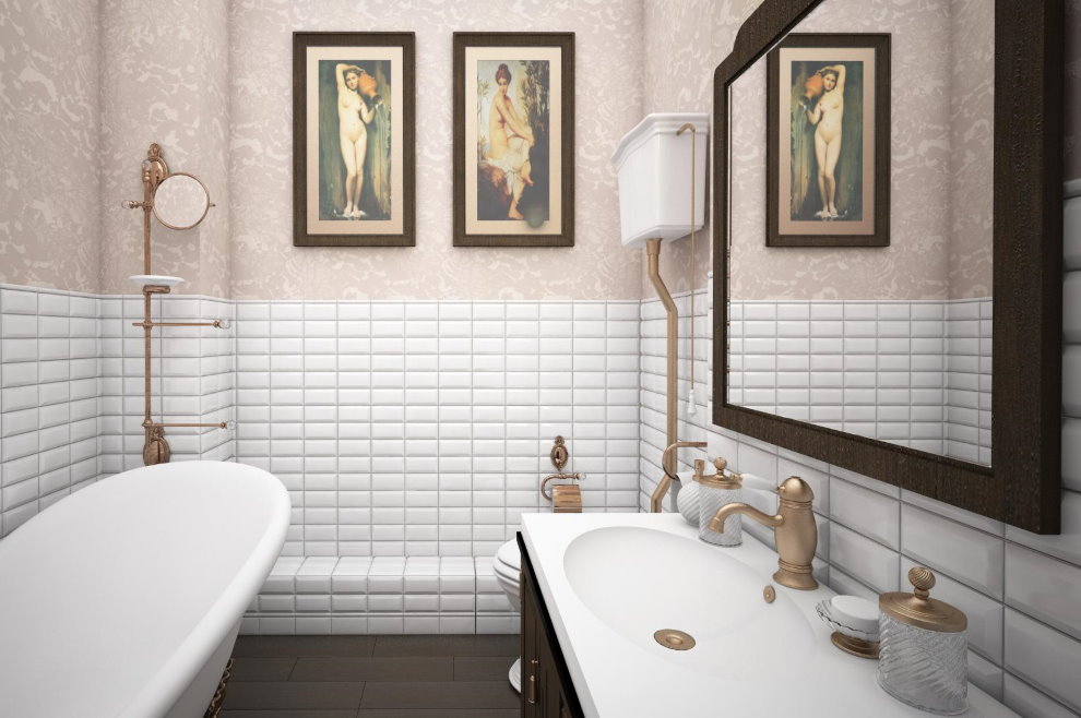 Картины на обоях в совмещенной ванной