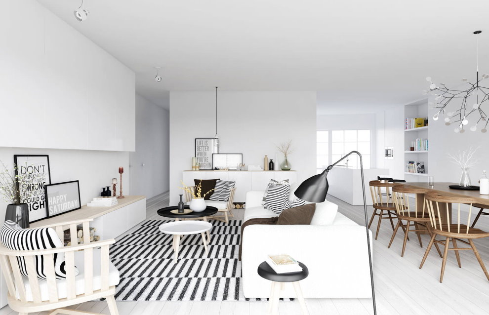 Белый потолок в квартире-студии скандинавского стиля