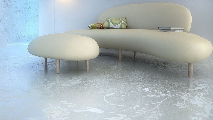 Дизайнерская мебель на полимерном полу в гостиной