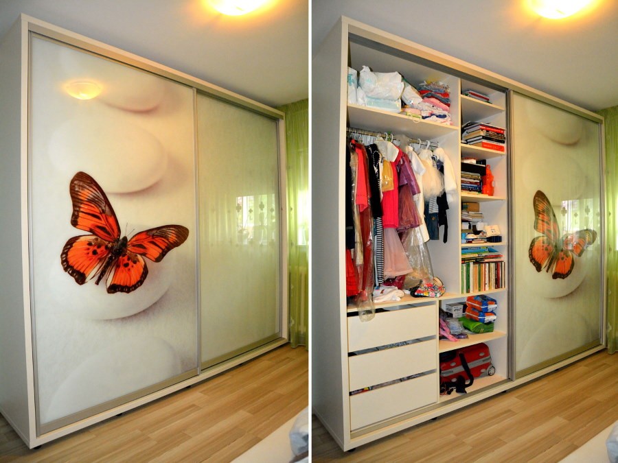 Огромная бабочка на стеклянной дверце гардеробного шкафа