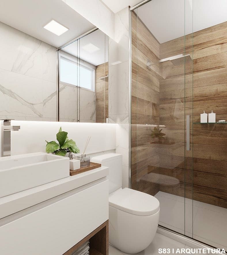 Дизайн ванной комнаты с керамогранитом под дерево