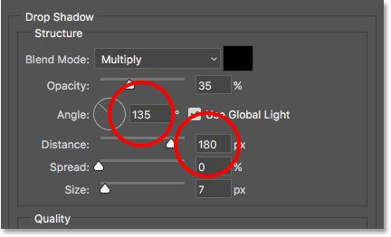 The Angle and Distance values for the drop shadow. 