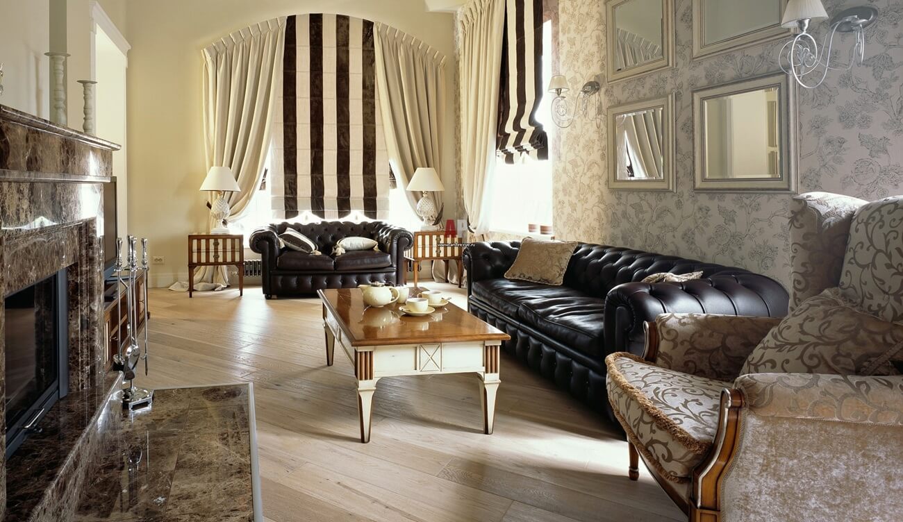 Римские шторы в интерьере гостиной - фото