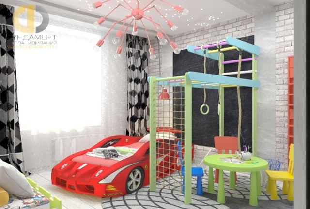 Интерьер детской комнаты для мальчика с кроватью-машиной. Фото из портфолио 