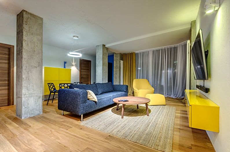 Желтая гостиная в стиле минимализм - Дизайн интерьера