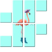 Модульная картина «Коллаж с розовым модным фламинго в шляпке и сапогах на высоком каблуке»