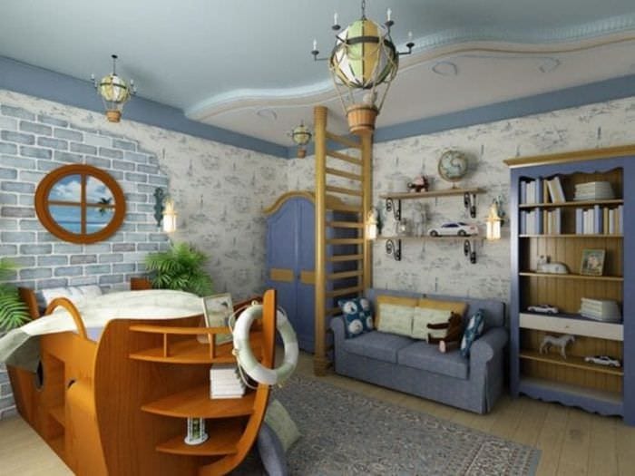 Интерьер детской комнаты в морском стиле с кроватью в виде корабля 