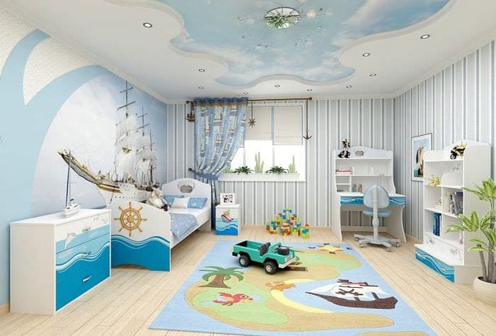 Морской стиль оформления детской комнаты фотообоями и ярким декором 