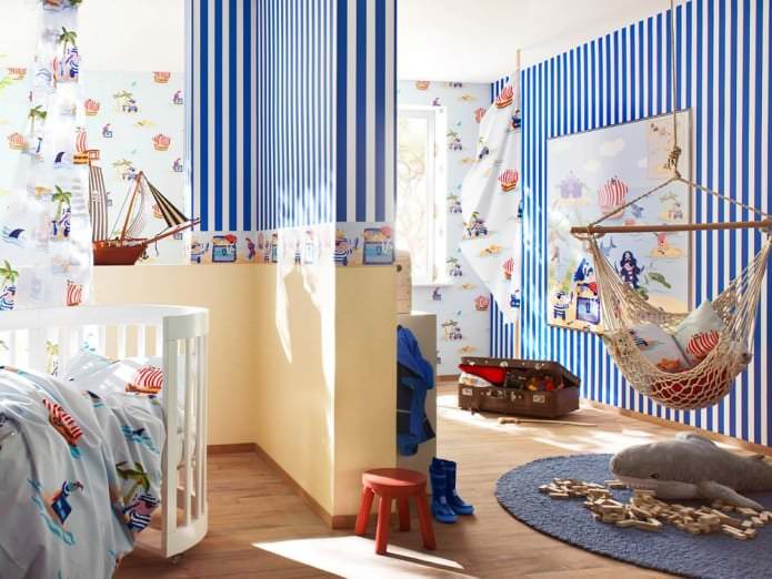 Оформление стен и пол в детской комнате в морском стиле